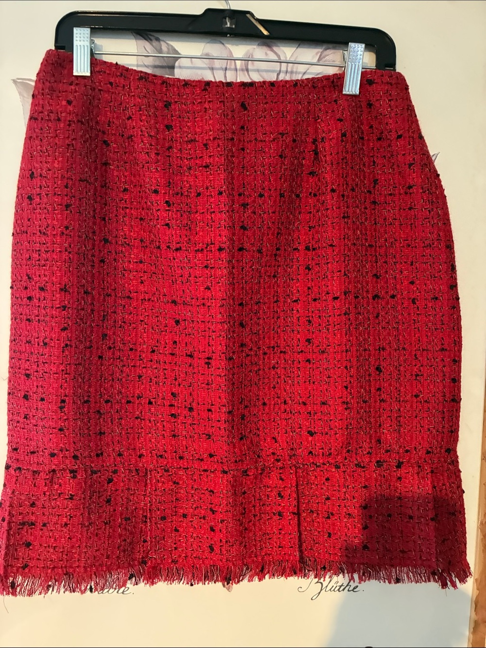 Worthington Red Tweed Pencil Skirt with Fringe Hem